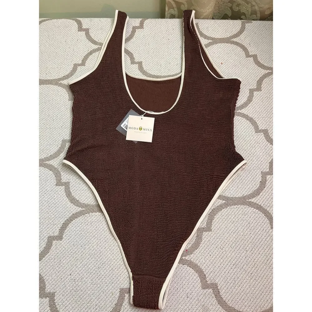 Moda Minx Curve contrast binding swimsuit in brown, NWT, size 18, MSRP $96